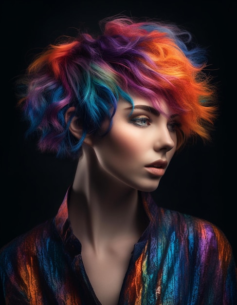 Una modella con un taglio di capelli colorato con la scritta arcobaleno sul davanti.
