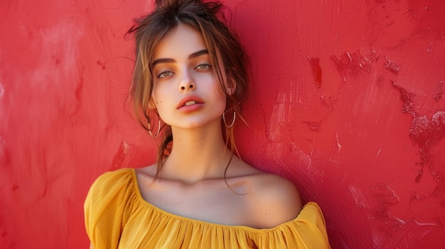 Una modella con un vestito giallo su uno sfondo rosso