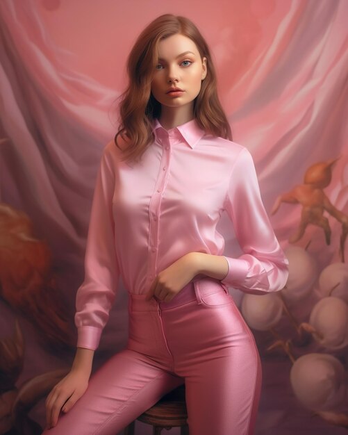 una modella con una camicia rosa e pantaloni rosa posa davanti a uno sfondo rosa.