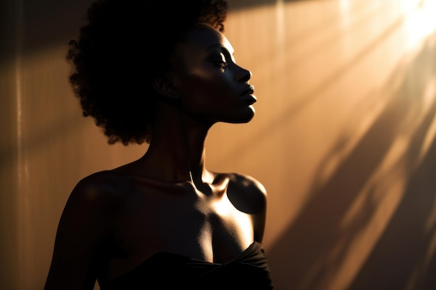 Una modella di bellezza africana nera con il trucco bagnato nella luce posteriore all'aperto colpisce