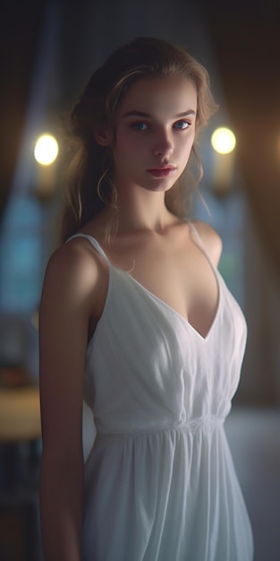 una modella in abito bianco con una collana d'argento