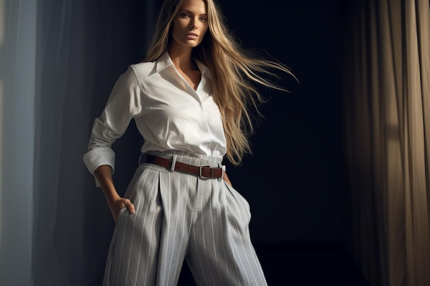 una modella in camicia bianca e pantaloni con cintura marrone