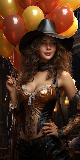 una modella in corsetto e cappello con palloncini