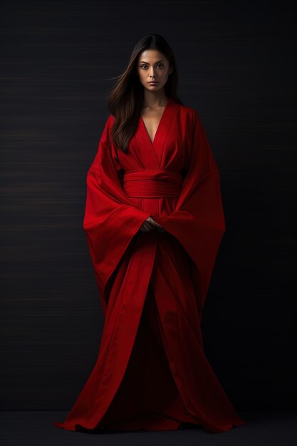 una modella in kimono rosso con una fascia rossa sul davanti.