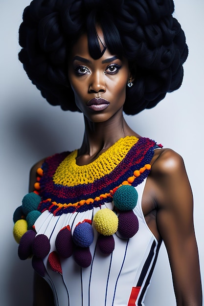Una modella indossa un abito colorato con un top colorato con la scritta "tulle"