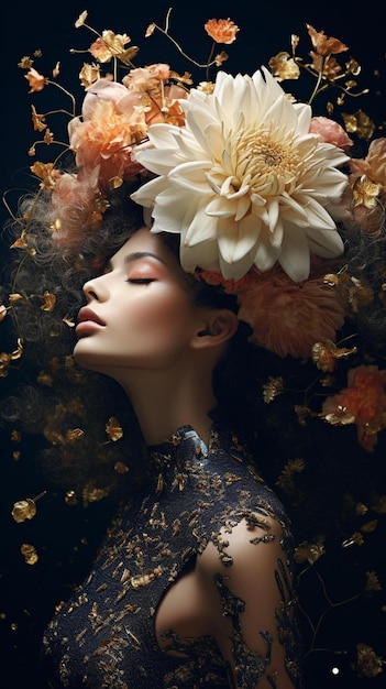 una modella indossa un copricapo floreale con fiori e foglie.