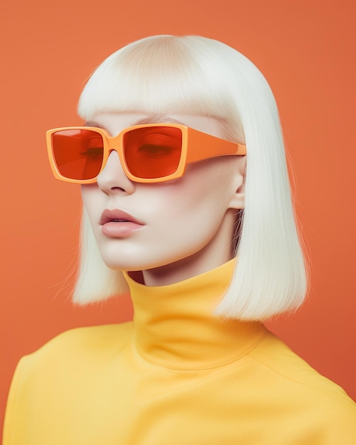 Una modella indossa un top giallo con occhiali arancioni