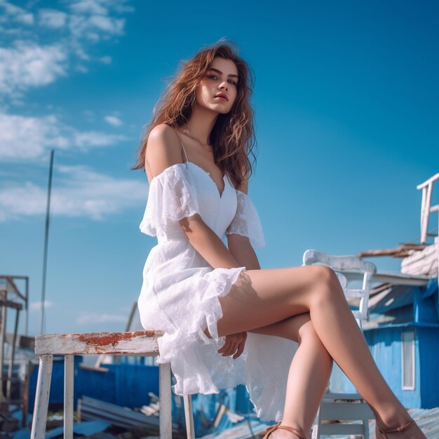 una modella indossa un vestito bianco con un cielo blu dietro di lei.