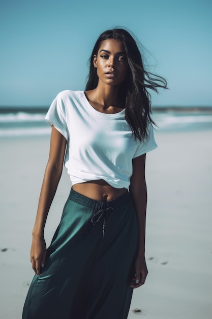 Una modella indossa una maglietta bianca e una gonna verde sulla spiaggia.