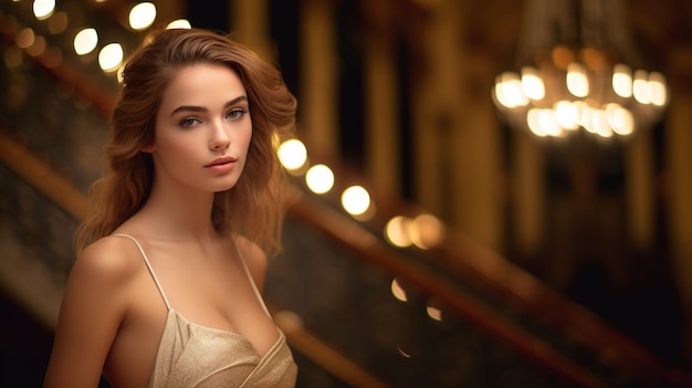 Una modella posa davanti a una scalinata con luci sullo sfondo