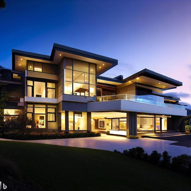 Una moderna casa di lusso con piscina di fronte al tramonto