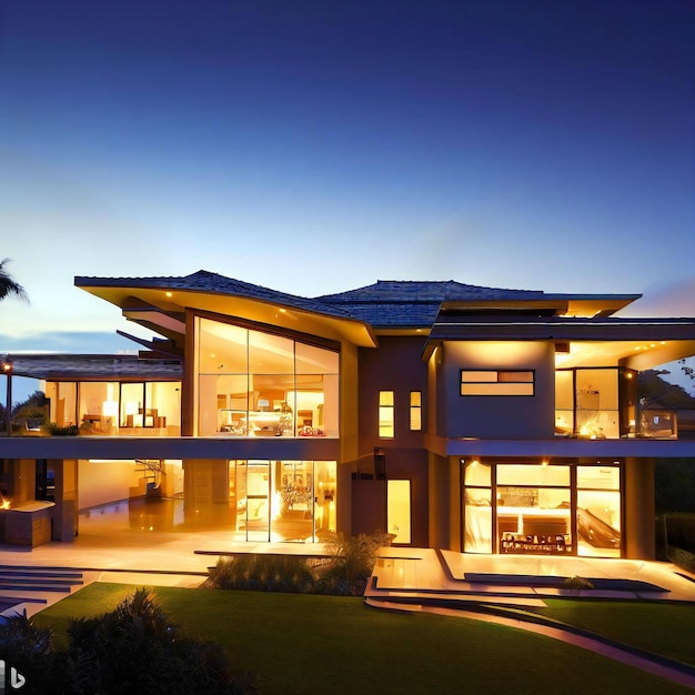 Una moderna casa di lusso con piscina di fronte al tramonto