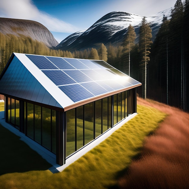Una moderna casa scandinava con un tetto dotato di pannelli solari e montagne sullo sfondo