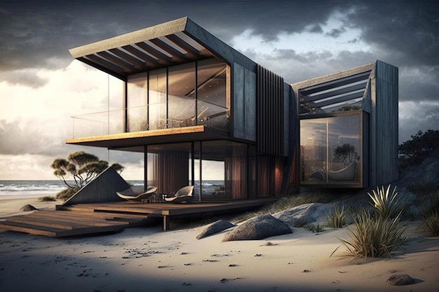 Una moderna casa sulla spiaggia con un design elegante e sofisticato che enfatizza la bellezza naturale dei suoi dintorni Generato da AI
