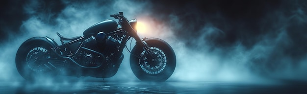 Una moderna motocicletta scura circondata da un banner di fumo con copyspace
