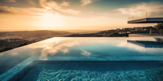 Una moderna piscina a sfioro che si fonde perfettamente con la natura mostrando una combinazione di colori unica e una vista mozzafiato