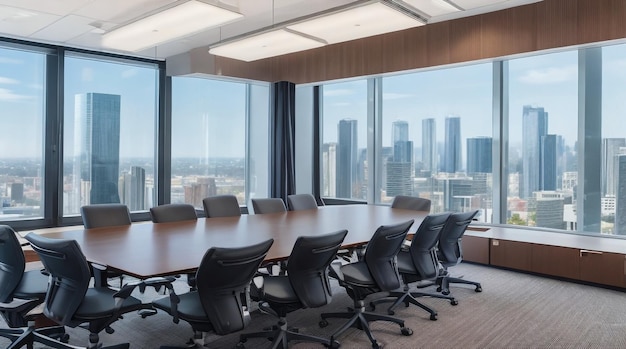 Una moderna sala conferenze per ufficio con mobili eleganti e ampie finestre con luce naturale