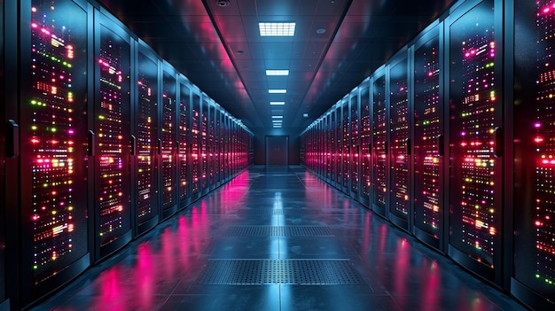 Una moderna sala di data center internet ad alta tecnologia con racks di hardware di rete e server è mostrata in forma astratta