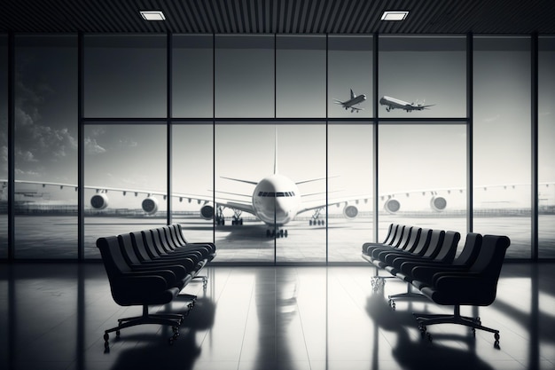 Una moderna sala partenze dell'aeroporto vuota piena di posti a sedere con un aereo in partenza sullo sfondo