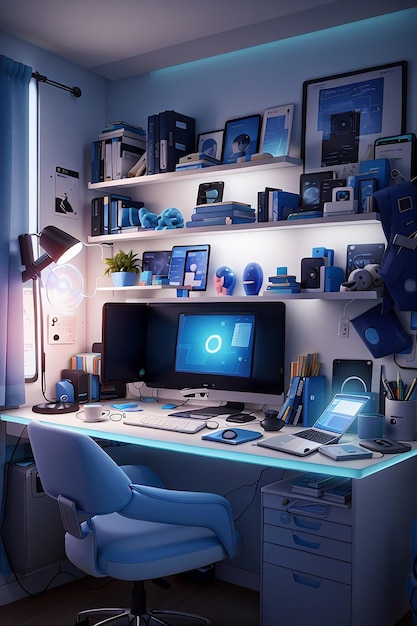 Una moderna sala per freelance piena di gadget tecnologici di ultima generazione illuminati da una morbida luce blu