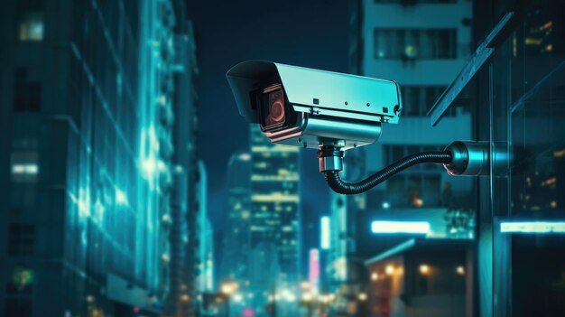 Una moderna telecamera di sicurezza su un edificio in una città di notte con luce e trasporto con sfocato