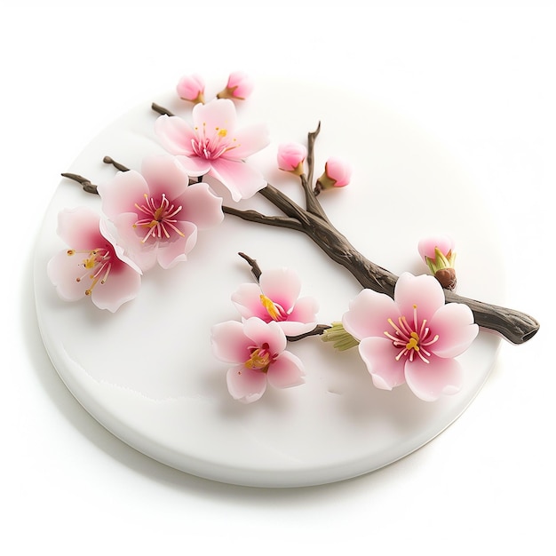 Una moderna trivetta in silicone con un singolo gambo di fiore di ciliegio in fiore isolato su un retro trasparente
