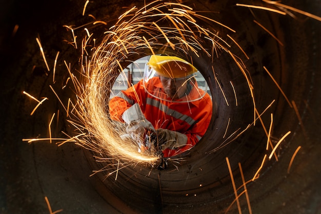 Una mola elettrica che mola a un lavoratore industriale che taglia tubi metallici con molte scintille taglienti