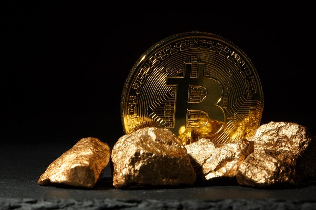 Una moneta d'oro si trova davanti ad alcune pepite d'oro.