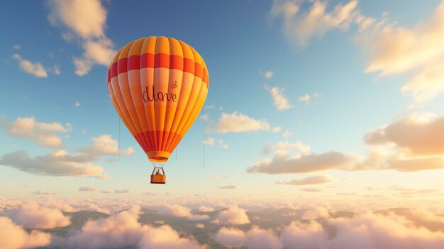 una mongolfiera ad aria calda con la parola su di essa sta volando nel cielo