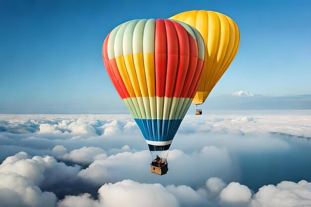 Una mongolfiera con un uomo a bordo che vola nel cielo.