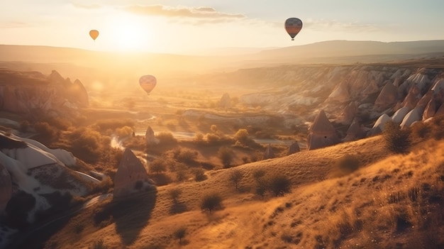 Una mongolfiera nel cielo sopra un paesaggio con montagne e un tramonto.