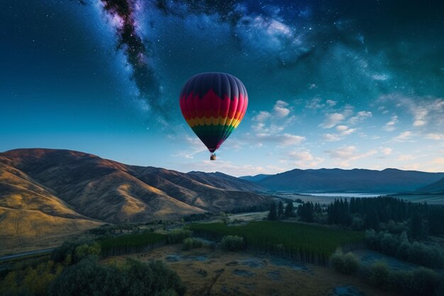 Una mongolfiera sorvola un paesaggio montano con una galassia sullo sfondo.