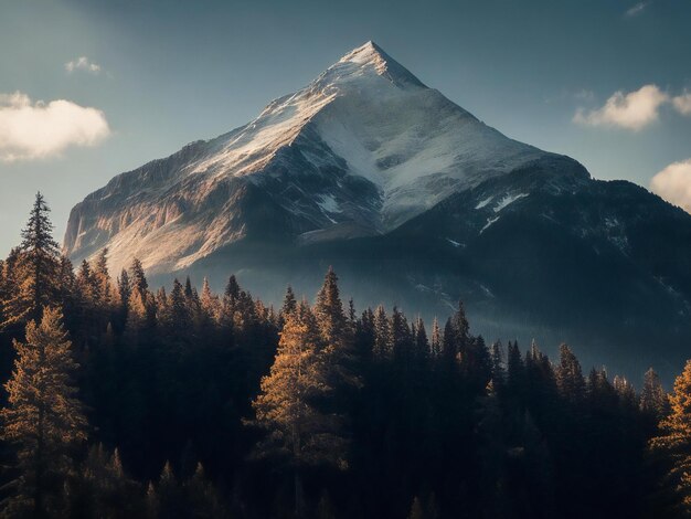 una montagna con alberi e neve in cima