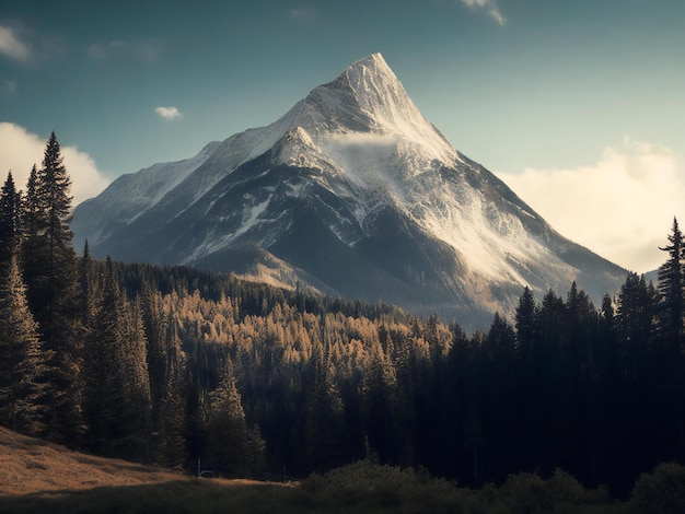 una montagna con alberi e neve in cima