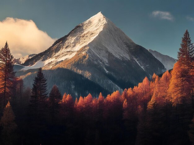 una montagna con alberi e neve in cima