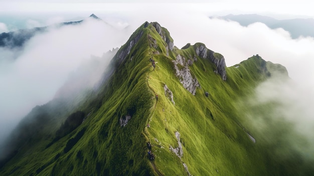 Una montagna con erba verde e una montagna sullo sfondo