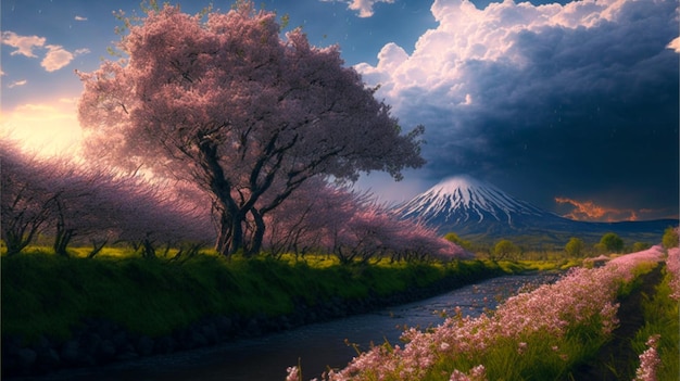 una montagna con fiori rosa e un albero con una montagna sullo sfondo.