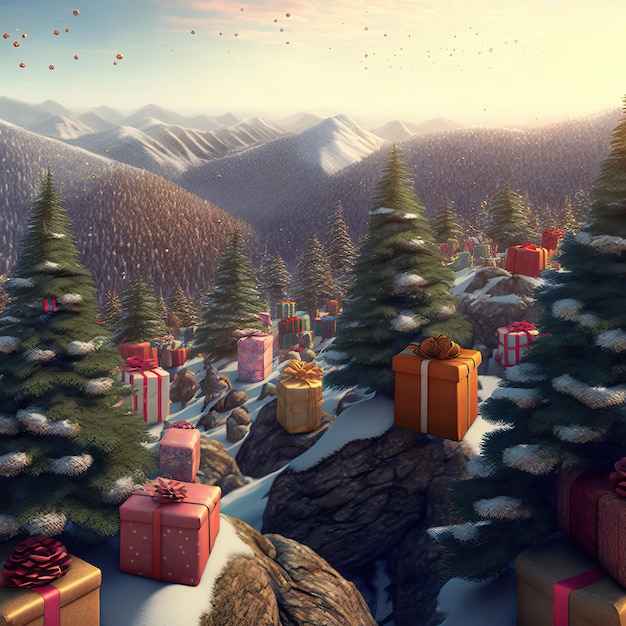 Una montagna con foresta incantata e vari doni di Babbo Natale sparsi per bellissime decorazioni natalizie