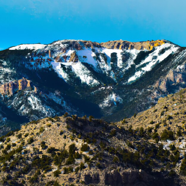 Una montagna con la neve sopra e il cielo è blu.