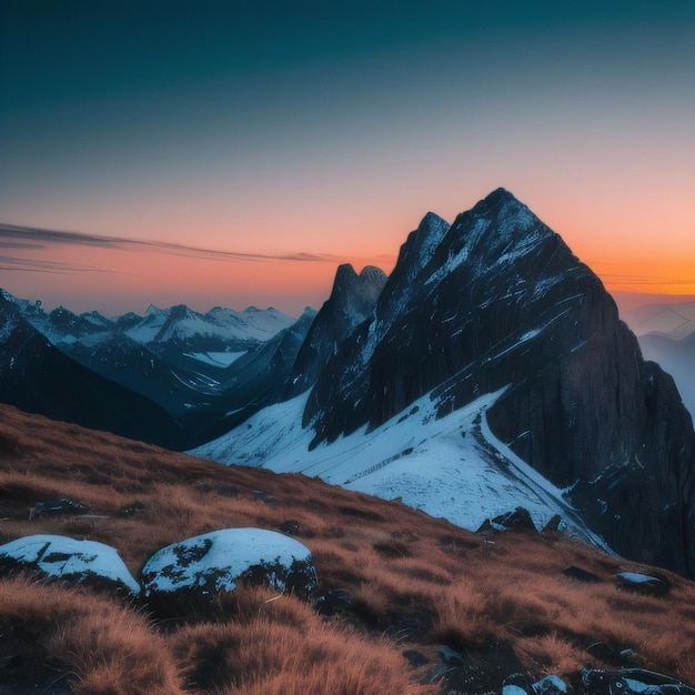 Una montagna con la neve sopra e il sole sta tramontando