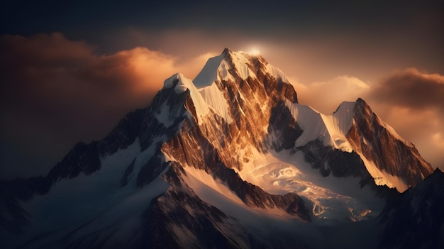 Una montagna con neve e nuvole