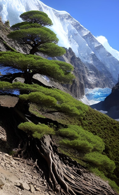 Una montagna con sopra un albero