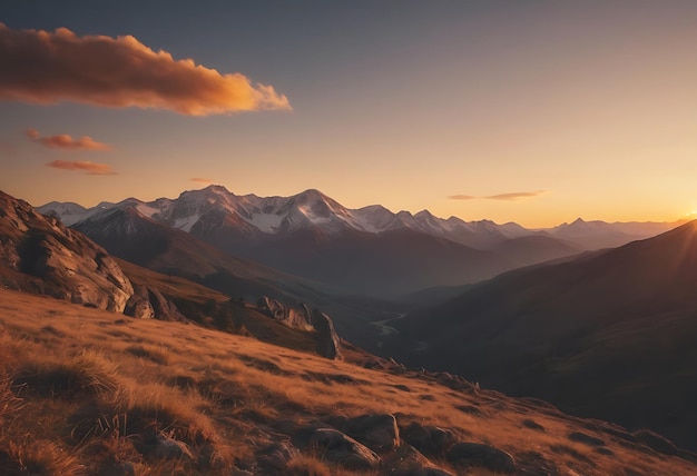 una montagna con un cielo giallo e una nuvola sullo sfondo