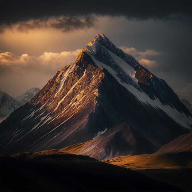 Una montagna con un cielo nuvoloso e il sole che splende su di essa