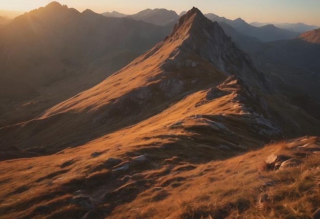 una montagna con un tramonto sullo sfondo