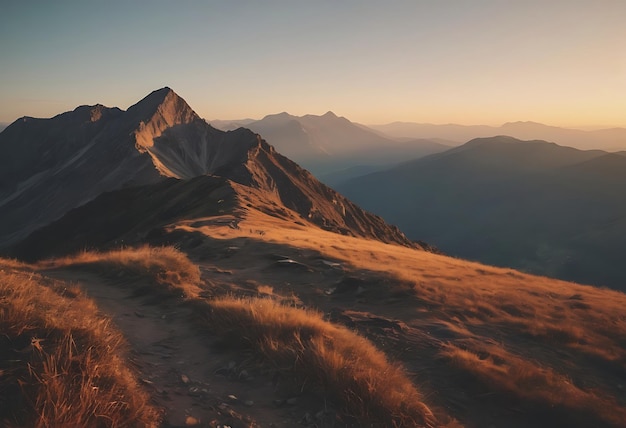 una montagna con un tramonto sullo sfondo