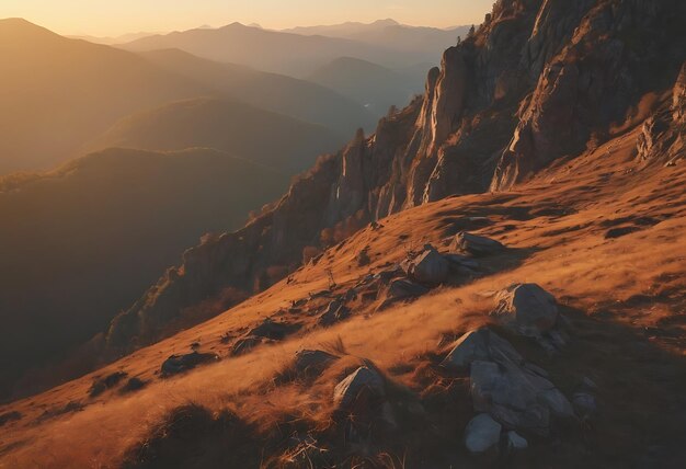 una montagna con un tramonto sullo sfondo