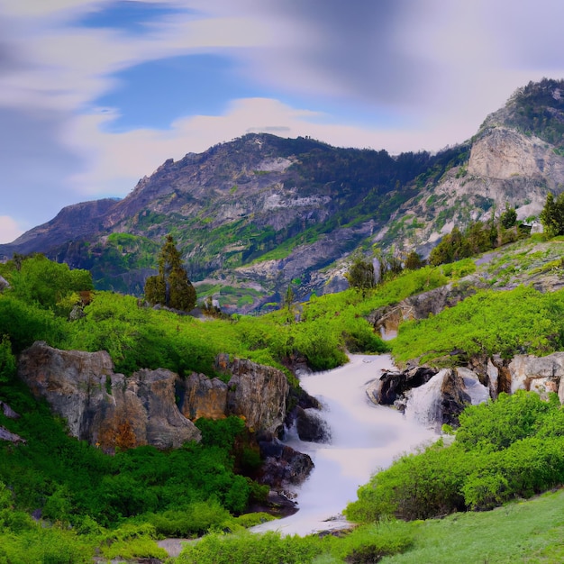 Una montagna con una cascata sullo sfondo