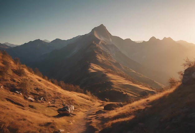 una montagna con una montagna sullo sfondo e uno zaino sulla destra