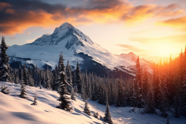 una montagna coperta di neve con alberi in primo piano